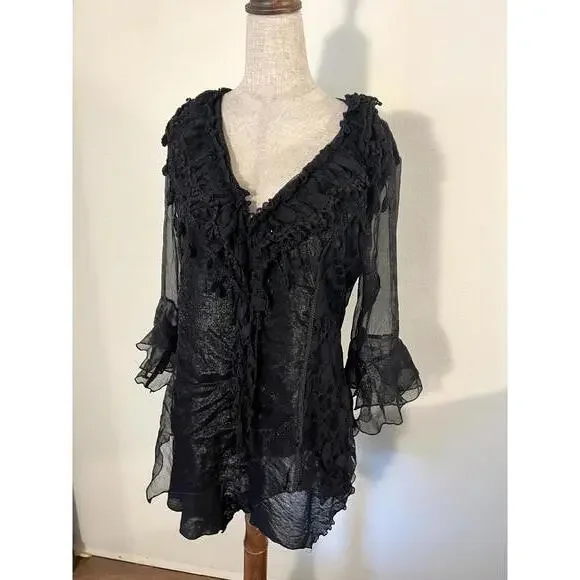 Elegant Black Sheer Ruffled Women's Blouse - Picture 3 of 6